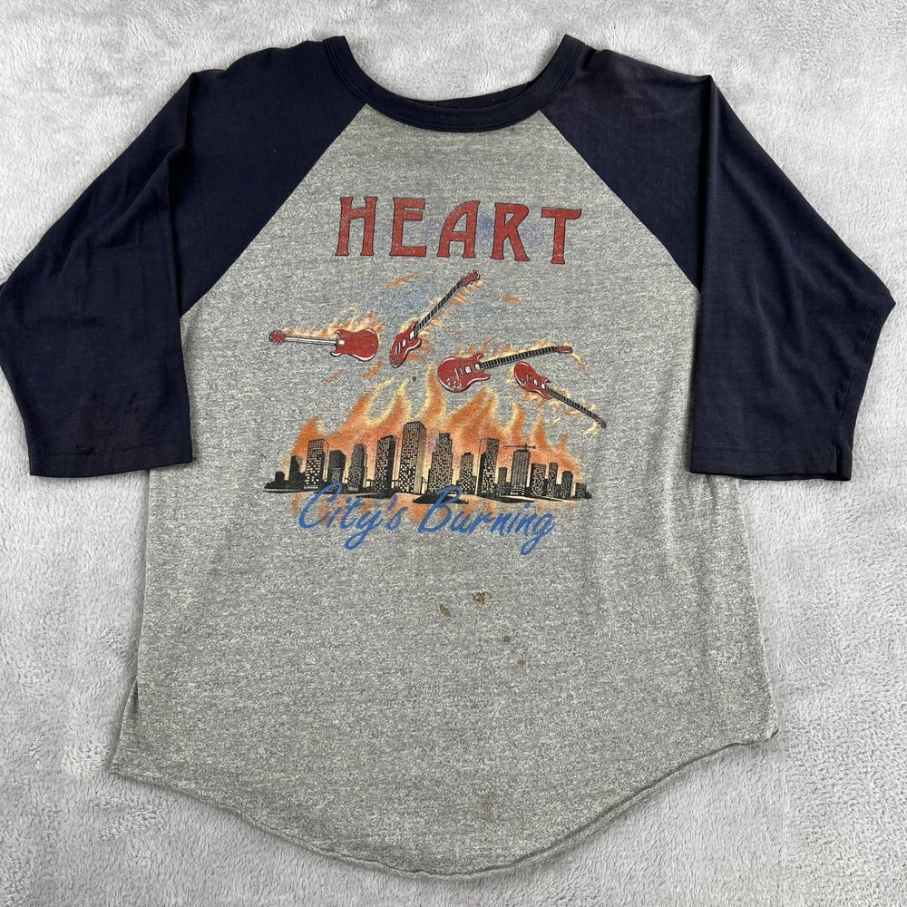Vtg 80's Tour Heart Private Audition 1982 Shirt XL Gray Blue Raglan Rock Band